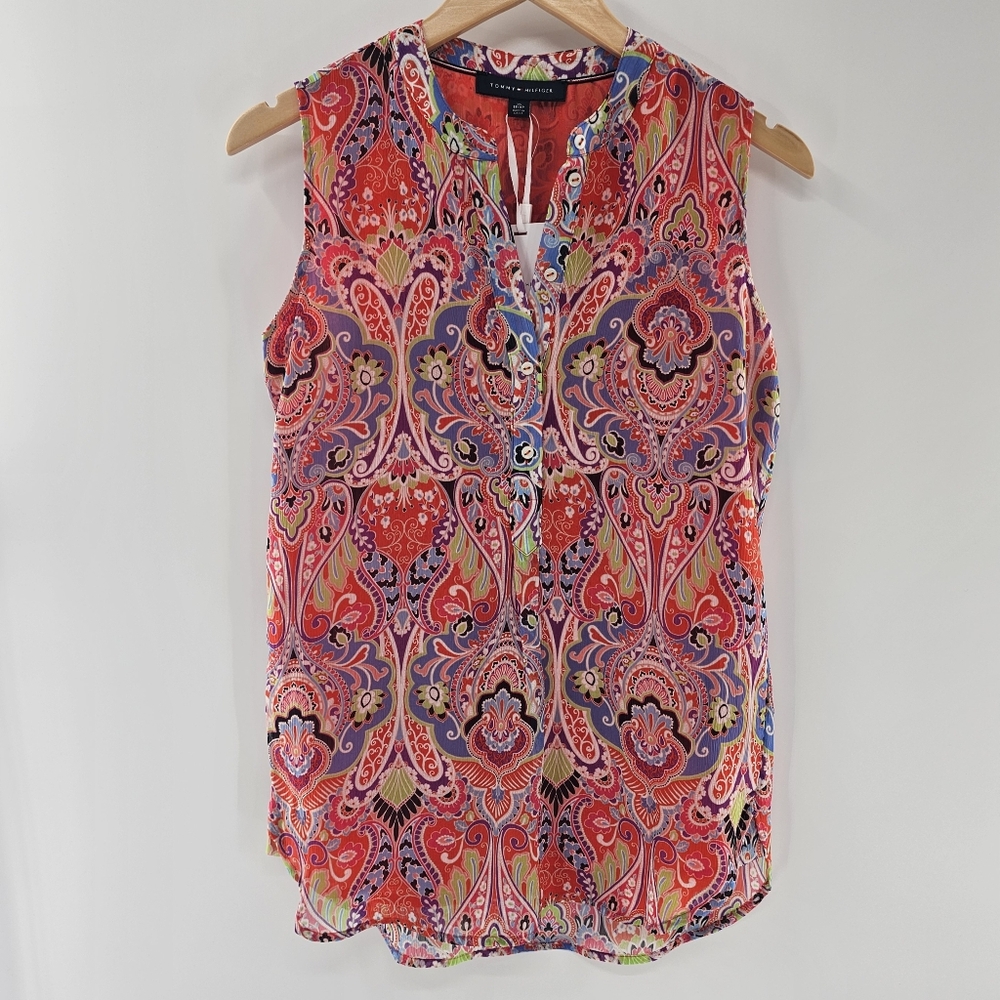 Tommy Hilfiger Orange Paisley Print Sleeveless Sheer Fully Lined Top Size XSmall